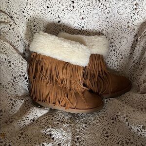 Madden Girl Tan Fringe Boots with Cream Faux Fur